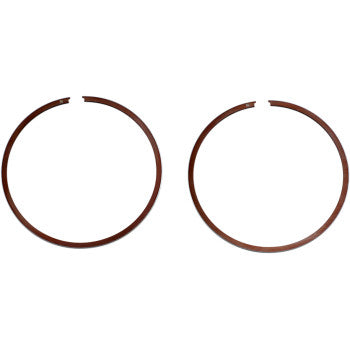 Two brown circular snap rings with small gaps are shown side by side on a white background—perfect as part of the Wiseco Ring Set for securing pistons.