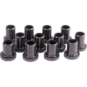 Twelve OEM-quality black metal bushings with flanges, from the Rear Swingarm Bushing Kit by Epi, arranged in rows on a white background—perfect for kit assembly or replacements.