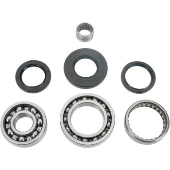 The Kawasaki Differential Bearing Seal Kit Rear by Moose Offroad includes seven EMQ quality ball bearings, needle bearings, and rubber seals, perfectly arranged on a white background—ideal for reliable differential maintenance.