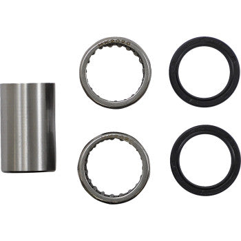 The Can Am - Honda Shock Bearing Kit Back Lower by Moose Offroad includes OEM quality parts: a cylindrical metal sleeve, two metal ring bearings, and two black circular shock bearing seals, all displayed on a white background.