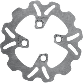 Silver stainless steel wavy brake rotor with three mounting holes and elongated slots, designed for offroad use.