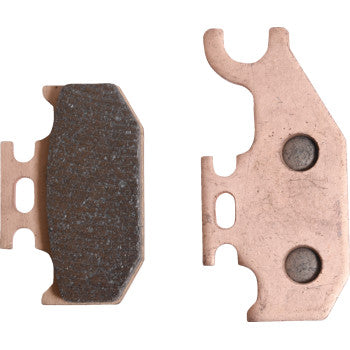 Two Sintered Brake Pads by All Balls are shown side by side: the left reveals the friction surface, while the right displays the metal backing with two round indents, delivering excellent stopping power and extended durability.