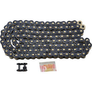 The 520 Max Z Drive Chain Black & Gold 130 Links by Rk features gold pins, RX-ring design for high tensile strength, includes a connecting link and lubricant—ideal for high-horsepower street bikes.