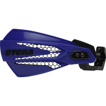 The Cycra MX Race Hand Guards in blue/black feature a black honeycomb vent and universal mounting brackets for a secure fit on the right side of MX handlebars.