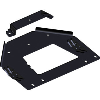 Black metal plow mount bracket with multiple bolt holes and a separate angled support piece.