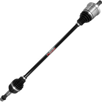 The Can Am Maverick Axle Lift Kit Heavy Duty Rear Left & Right by Demon features a black chromoly steel shaft with metal ends, rubber boots on each side, and a CV joint, set against a white background.
