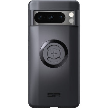 A black SPC+ Phone Case for Google Pixel 8 Pro by Sp Connect features a circular MagSafe-compatible grip, two camera lenses, two flash lights at the top, and an SP brand logo at the bottom.