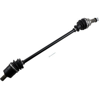Black metal Polaris RZR 1000 front left and right CV axle kit with rubber boots and splined ends.