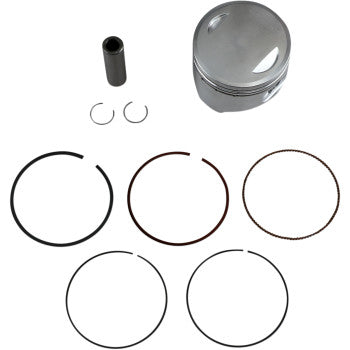 The Honda Piston Kit 68.50 mm by Wiseco includes a polished 4-stroke piston, cylindrical pin, two clips, and six piston rings arranged on a white background for optimal strength-to-weight ratio.