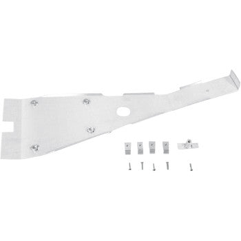 The Honda Full Skid Plate by DG Performance, made from aluminum alloy with a cutout hole for engine protection, is displayed on a white background with its mounting brackets and screws arranged below.