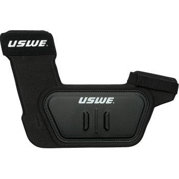 The Action Camera Harness Click On NDM 2 by USWE is a black pocket with a secure flap and two vertical slots, designed for use with compatible backpacks. The white USWE logo is featured on both the flap and the front of the pocket.