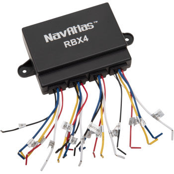 Compact black rectangular relay box labeled NavAtlas RBX4 with eight multicolored wire leads extending from the bottom.