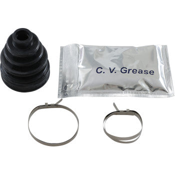 The CV Boot Kit Front Inner Outer Rear Inner by All Balls includes a black rubber CV boot, a silver packet of molybdenum grease, and two metal clamps for ATV CV joint repair, all shown on a white background.