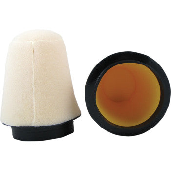 Two Yamaha Foam Air Filters by No Toil are shown—one upright showing the cream exterior, the other on its side revealing a hollow orange interior—ideal for motorcycle air filtration systems.