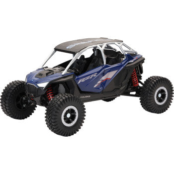 The Polaris RZR Pro R4 Rock Crawler 1:18 Scale Azure Crystal by New Ray Toys is a blue remote control off-road vehicle with large rugged tires, black roof, white roll cage, and red suspension springs, styled like a Mini Polaris ATV collector's model.