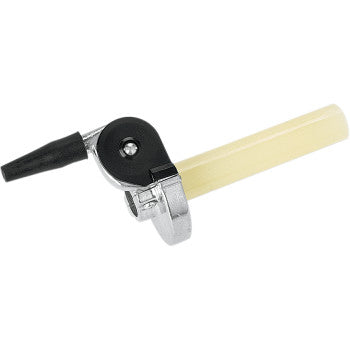 A close-up of the Gunner Gasser Throttle Two Stroke by Tmv, featuring a black nozzle, metal body, beige plastic handle, and aluminum housing. This tool is designed for piercing and dispensing refrigerant cans.
