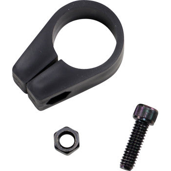 The Jagg Oil Coolers Frame Clamp - Black - 1-1/4 features a black plastic design with a circular opening, complete with hex nut and screw—perfect for mounting oil coolers. All items are shown on a white background.