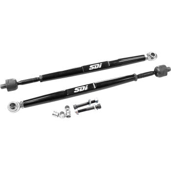 Can Am Maverick Tie Rods by Sdi: Two black metal suspension links with threaded rod ends, metal bolts, and fittings provide a heavy-duty OEM replacement solution. All parts are displayed on a white background.