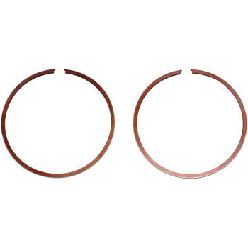 A pair of identical Wiseco Ring Set metal rings, featuring a small gap, is displayed side by side on a white background.