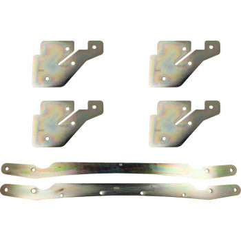 Four silver metal brackets with angled cutouts and two long, slim metal bars with rounded ends designed for vehicle.