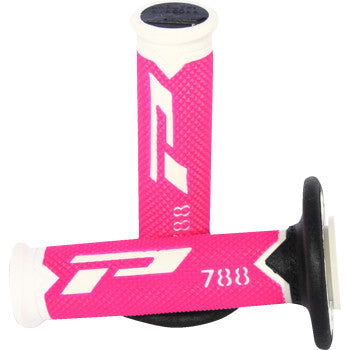 The Cross Triple Density 788 Grips White/Pink/Black by Pro Grip feature a textured surface, bold white P logo, 788 marking, black ends, and white collars. Designed for 7/8 handlebars, they reduce vibration with a triple-density construction.