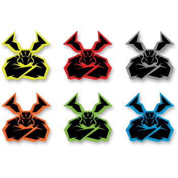 Decal S18 Agroid 6 Pack by Moose Offroad: six stylized stickers of a muscular, flexing rabbit with angular features in yellow, red, white, orange, green, and blue outlines. Proudly made in the USA.