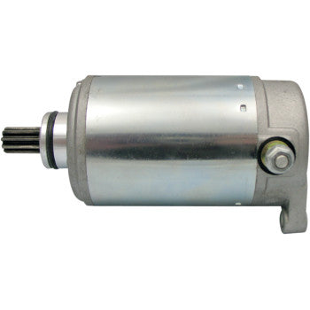Silver cylindrical Can Am starter motor with black gear and metallic mounting bracket.