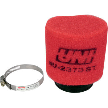 The Kawasaki Air Filter by Uni Filter features red UNI foam with a black base (model NU-2373ST) and includes a metal hose clamp for secure attachment, ensuring maximum airflow to boost your engine’s performance.
