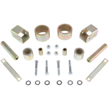 The Lift Kit Front Back 2.00 by High Lifter includes brackets, spacers, bolts, nuts, and washers—perfect for ATV lift or big wheel kit installations—neatly displayed on a white background.