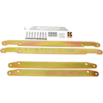 Four gold-colored metal brackets, a High Lifter-labeled plate, bolts, nuts, washers, and spacers are arranged on a white background—everything included in the Lift Kit Front Back 2.00 by High Lifter for increased ATV clearance or big wheel kits.