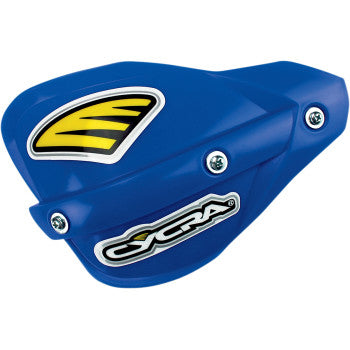 The Probend™ Plastic Replacement Handshields Blue by Cycra feature yellow and black graphics with the Cycra logo in white and black, durable injection-molded plastic construction, and are secured by three visible metal screws.