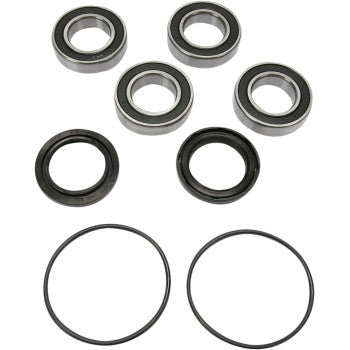 The Suzuki Wheel Bearing Kit Rear by Pivot Works includes five metal bearings, two black rubber oil seals, and two black O-rings on a white background—perfect for boosting steering control and durability.