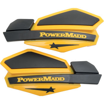 The Star Series Hand Guards Yellow / Black by Powermadd feature a star design, yellow Powermadd branding, and provide excellent hand and wind protection.