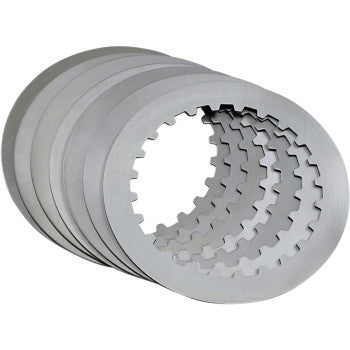 A set of steel, circular clutch plates with toothed inner edges by Hinson Racing, arranged fanned-out next to a robust Hinson clutch basket—ideal for automotive or machinery transmissions.