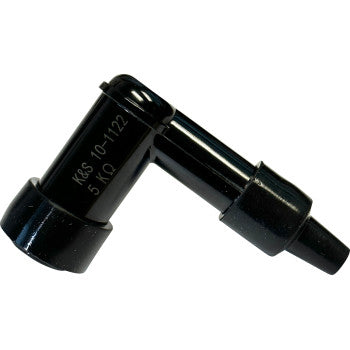 The Spark Plug Cover Resistor 14 mm by K&S Technologies features a black angled design, 5 KΩ resistance, waterproof construction, and is ideal for automotive or motorcycle ignition systems.