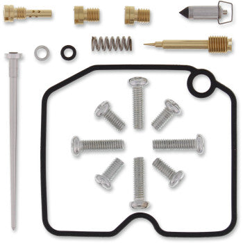 The Arctic Cat Carburetor Repair Kit by Moose Offroad includes metal screws, brass fittings, a spring, needle valve, NBR O-rings, and a black gasket, all displayed on a white background.