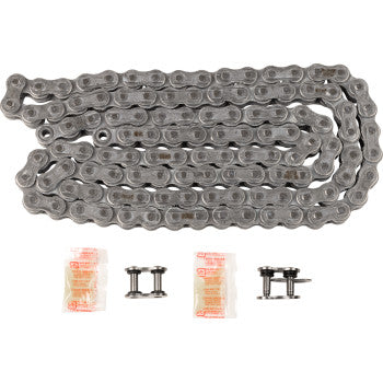 The 520 Max O Drive Chain 116 Links by RK, a silver metal O-ring chain known for high tensile strength, is laid out flat with two connecting links and two small lubricant packets on a white background.