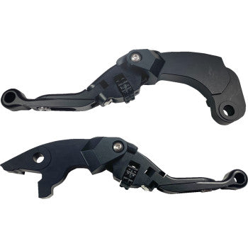 Two Lever Set - Anthem - Pro - Black by PSR motorcycle parts are shown side by side on a white background; each adjustable with a pivot point and mechanism.