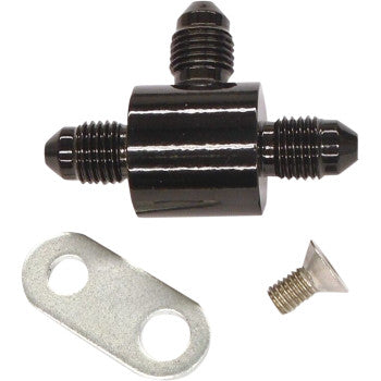 The T-Block with Bracket AN3 Black by Magnum Shielding features a black metal brake switch block with threaded ends, a small silver two-hole bracket, and one flat-head screw—perfect for universal brake line installations.