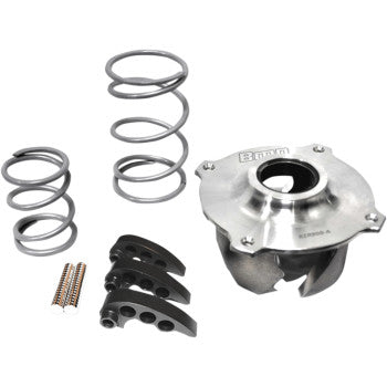 The Stage 2 Clutch Kit by Bikeman Performance features helix-shaped metal springs, three black levers, and a round silver part with multiple openings and a central hole, all displayed on a white background.