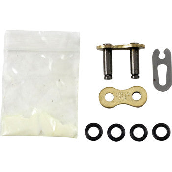 The 520 X1R GB Replacement Master Link Clip by JT Chains includes a metal link, gold connecting plate, silver clip, four black O-rings, and comes in a small plastic bag with white powder, shown on a white background.