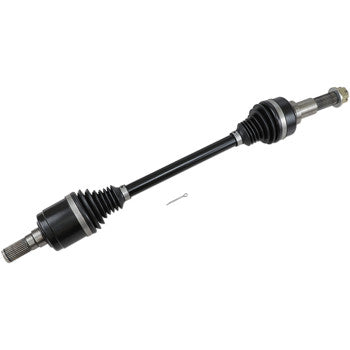 Heavy duty black metal complete axle with rubber boots on both ends and threaded steel shafts for Yamaha Viking/Wolverine.
