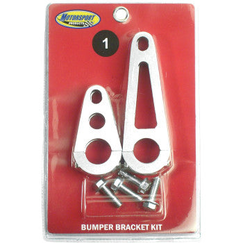 The Honda EZ Fit Bumper Bracket Kit by Motorsport Products includes two silver billet aluminum brackets in different sizes and four screws, with “MOTORSPORT PRODUCTS” and “BUMPER BRACKET KIT” on the label, shown against a red background.