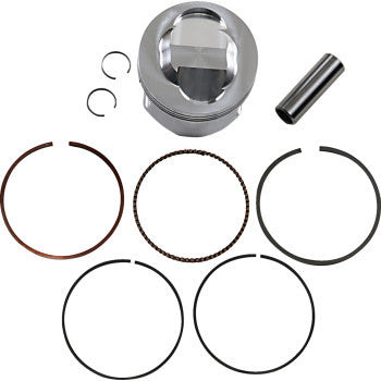 The Piston Kit by Je Pistons includes a high-tensile forged aluminum piston, a wrist pin, two circlips, and five piston rings displayed neatly on a white background.