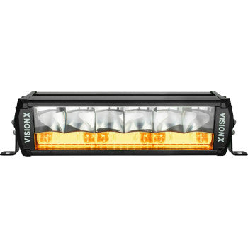 The Light Bar 12 Dual Action by Vision X features a rectangular black frame, six reflective sections, a central horizontal amber light strip for fog, and “VISION X” branding on both sides.