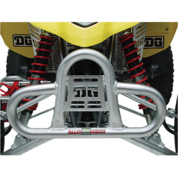 Silver alloy bumper with round tubular design and Dg Performance logo, mounted on yellow Suzuki LT-Z 250 quad.