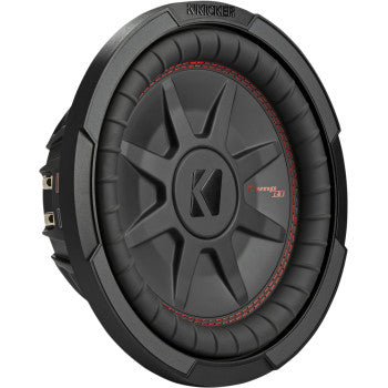 A round black 10" Subwoofer by Kicker with a textured Santoprene surround, bold “K” logo center, and red accent stitching. Features dual-voice coils and side terminals for wiring on the left.