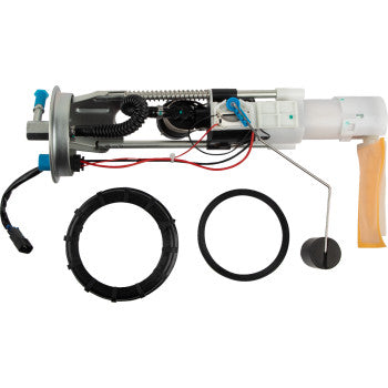 White and black Polaris fuel pump module with wiring, float arm, mounting ring, and rubber gasket.