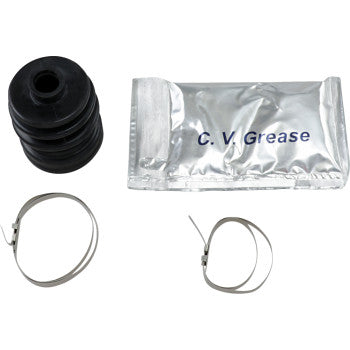 The Honda - Kawasaki CV Boot Kit Front Inner by All Balls includes a high-tensile black rubber CV boot, two metal clamps, and a silver C.V. grease packet—ideal for ATV CV joint repairs.