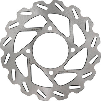 Silver metallic All Balls brake rotor for Can Am, circular with multiple cutouts and mounting holes.